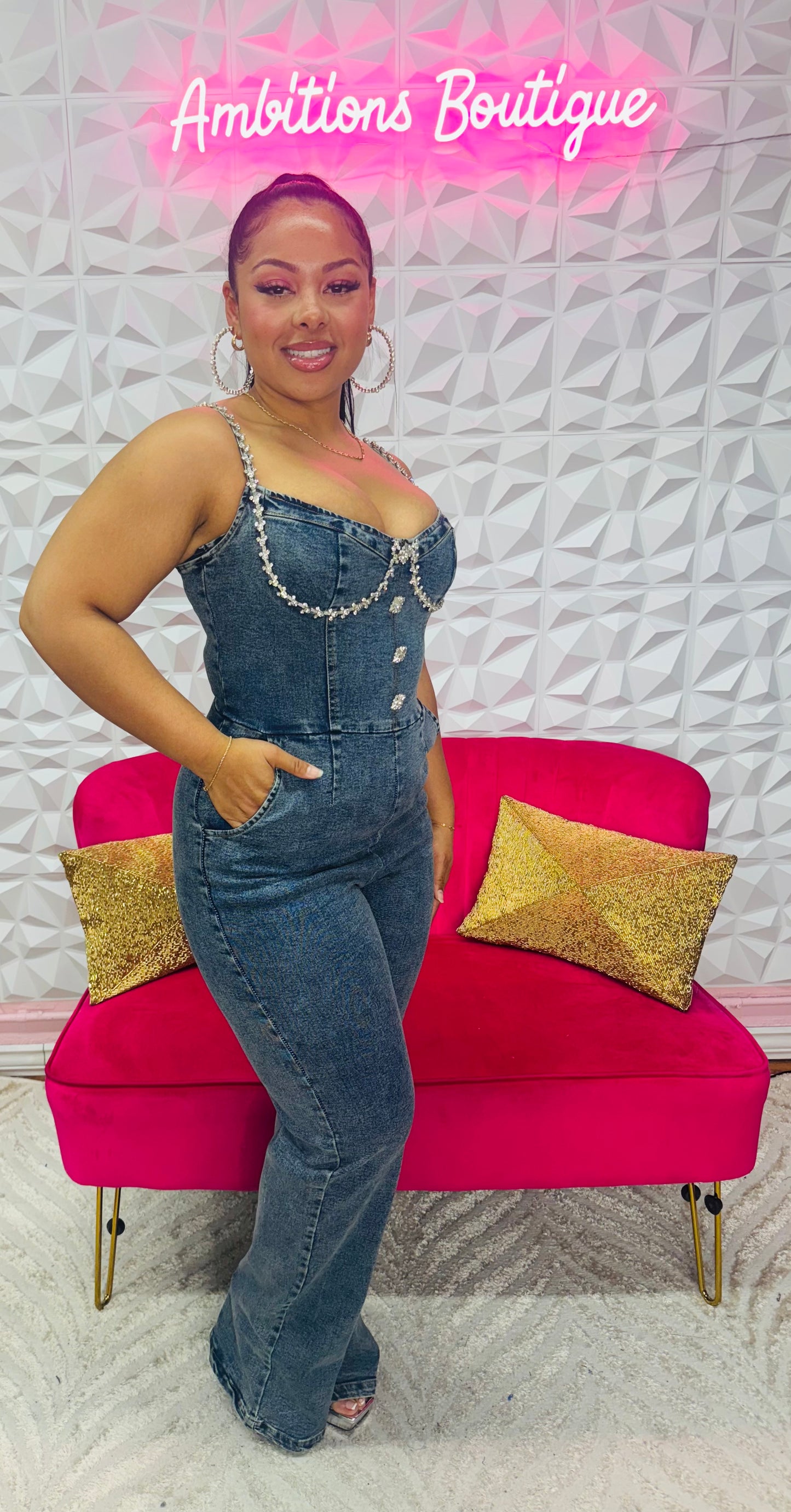 Denim and diamond jumpsuit