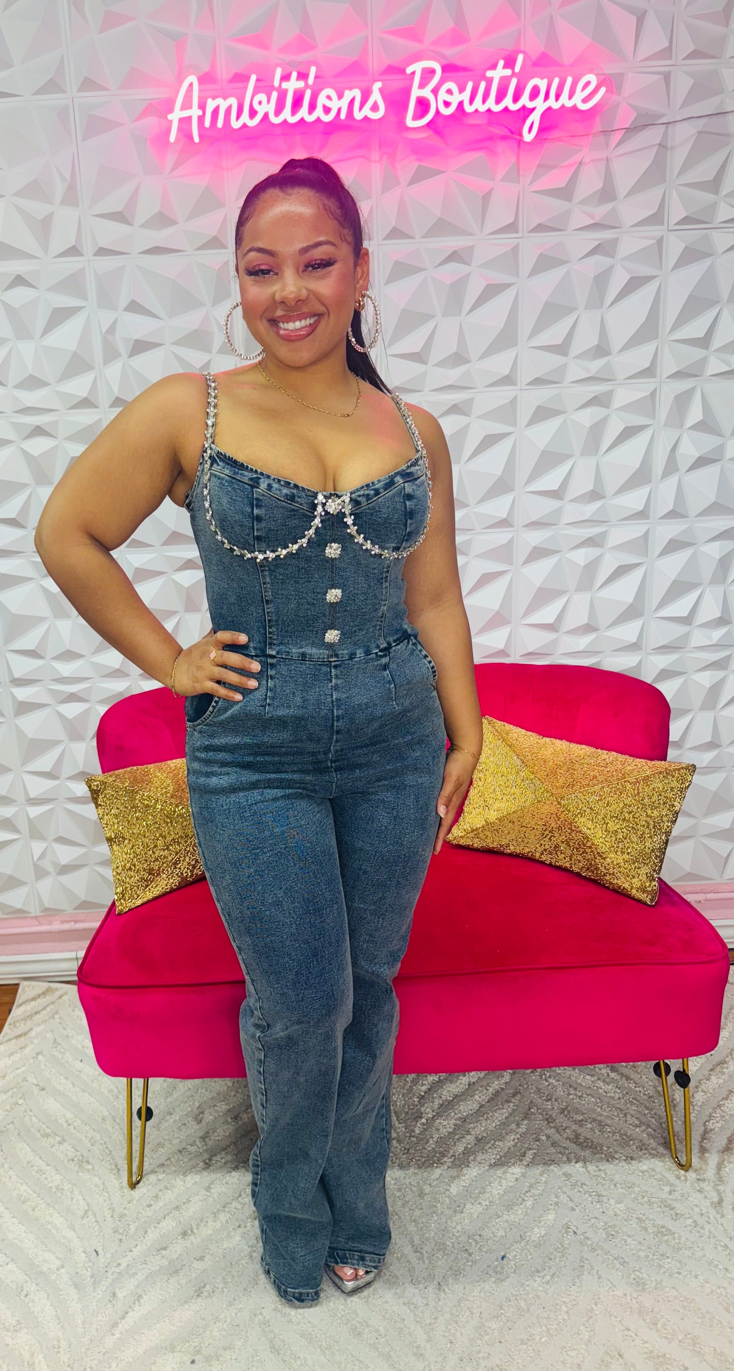 Denim and diamond jumpsuit