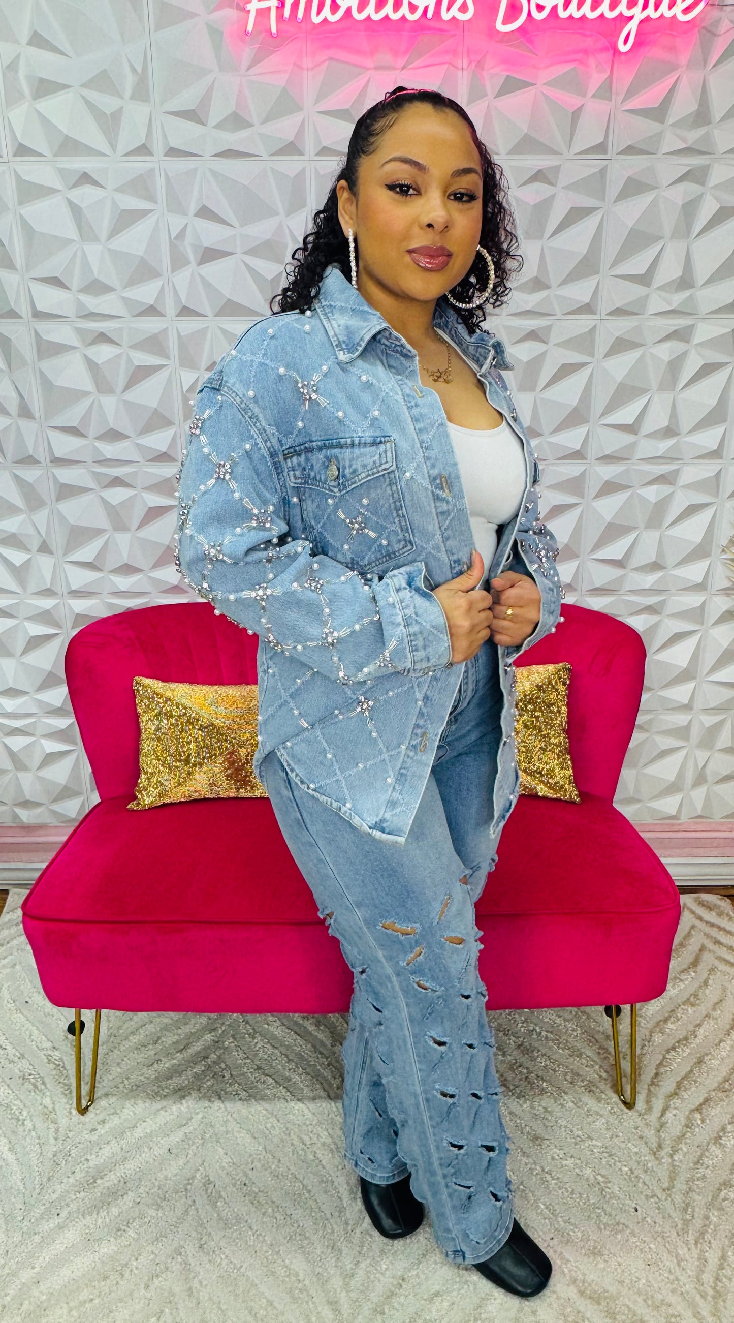 Denim and diamond shacket