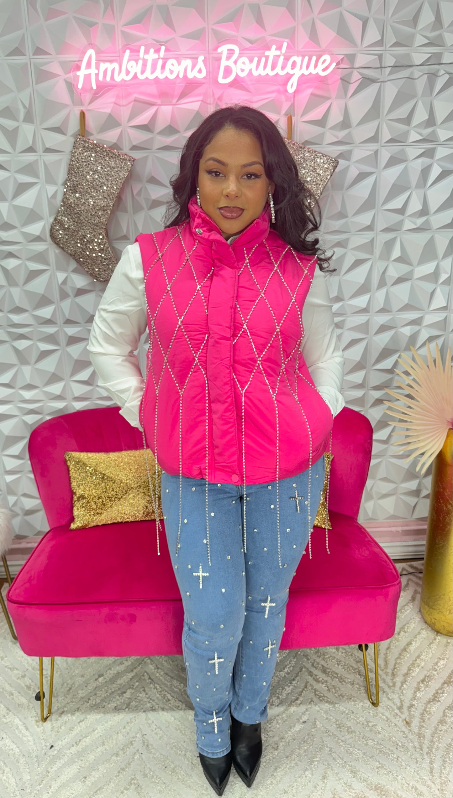 Petty in pink puffer vest