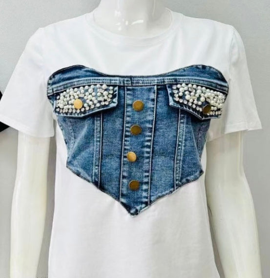 Denim and pearl T-shirt(two colors)