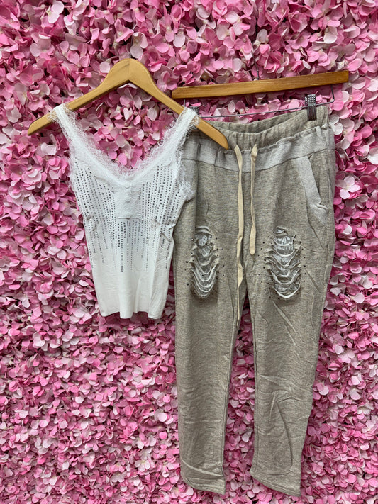 Bedazzled lace bling joggers